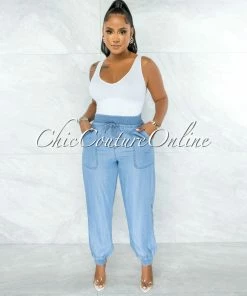 Chic Couture Online Nanette Light Blue Chambray Jogger Pants JUST IN