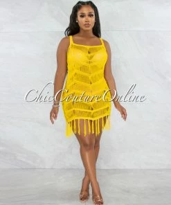 Vendor-unknown JUST IN Kelsie Yellow Crochet Fringe Cover-Up Dress