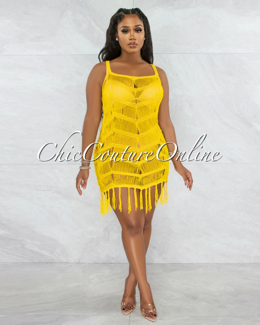 Vendor-unknown JUST IN Kelsie Yellow Crochet Fringe Cover-Up Dress