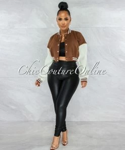 Vendor-unknown Matti Brown White Faux Leather Sleeves Varsity Crop Jacket
