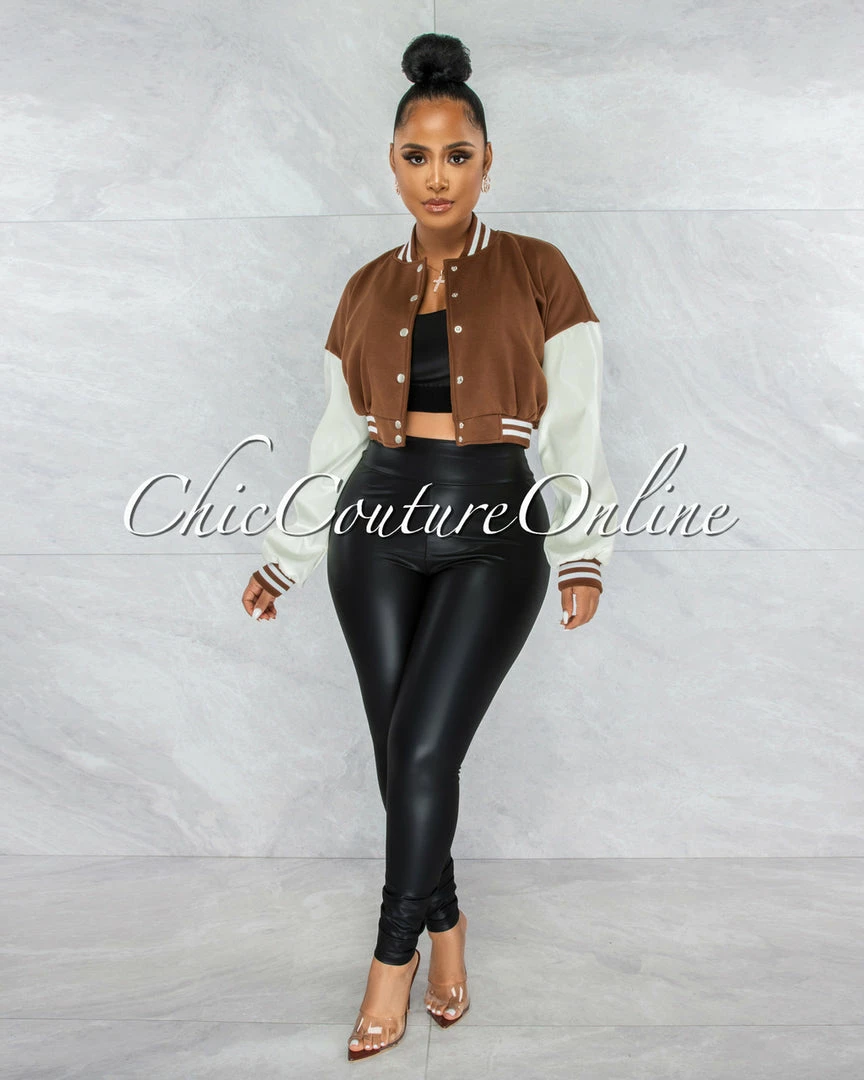 Vendor-unknown Matti Brown White Faux Leather Sleeves Varsity Crop Jacket