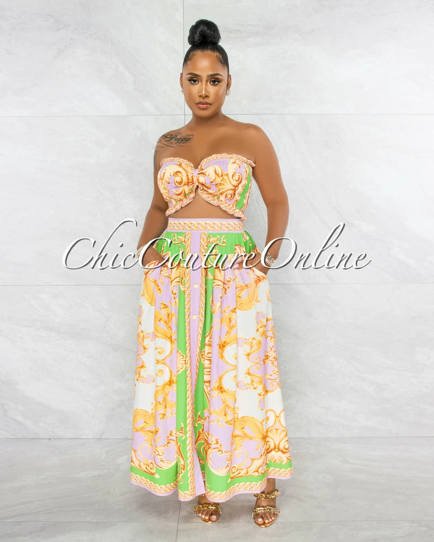 Vendor-unknown Ireta Green Lilac Gold Smocked Crop Top & Maxi Skirt Set