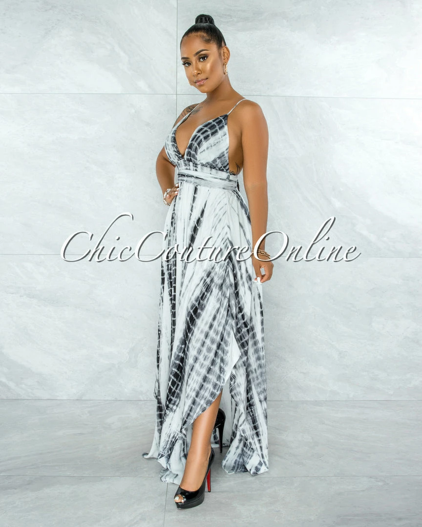 Vendor-unknown Urika Black White Tie-Dye Halter Maxi Dress JUST IN