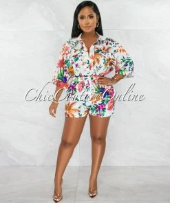 Chic Couture Online JUST IN Moran White Multi-Color Print Utility Romper