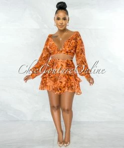 Chic Couture Online Cluny Orange Floral Print Crop Top & Ruffle Skirt Set JUST IN