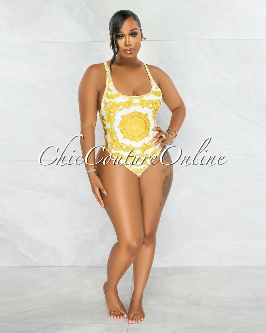 Vendor-unknown JUST IN Laurence White Gold Print Swimsuit & Cover-up Set