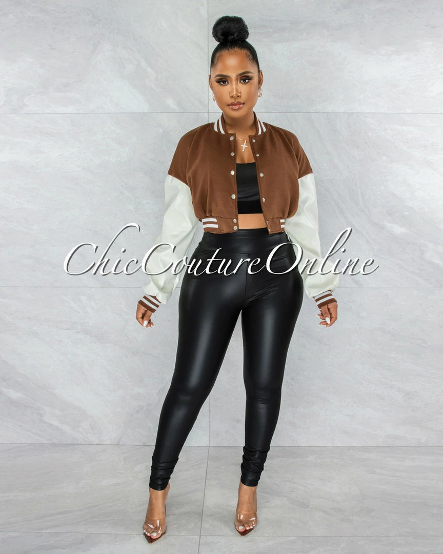 Vendor-unknown Matti Brown White Faux Leather Sleeves Varsity Crop Jacket