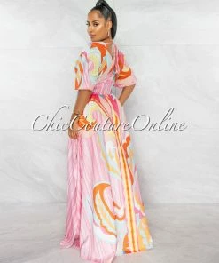 Chic Couture Online JUST IN Laribel Pink Multi-Color Print Smocked Waist Maxi Silky Dress