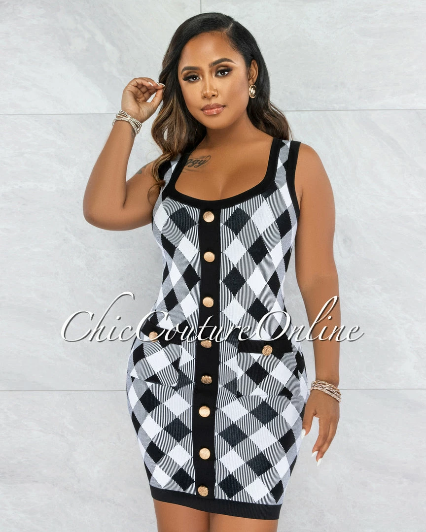 Chic Couture Online Elissa Black White Plaid Knit Dress