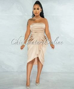 Chic Couture Online Esther Champagne Front Draped Hi-Lo Satin Midi Dress JUST IN