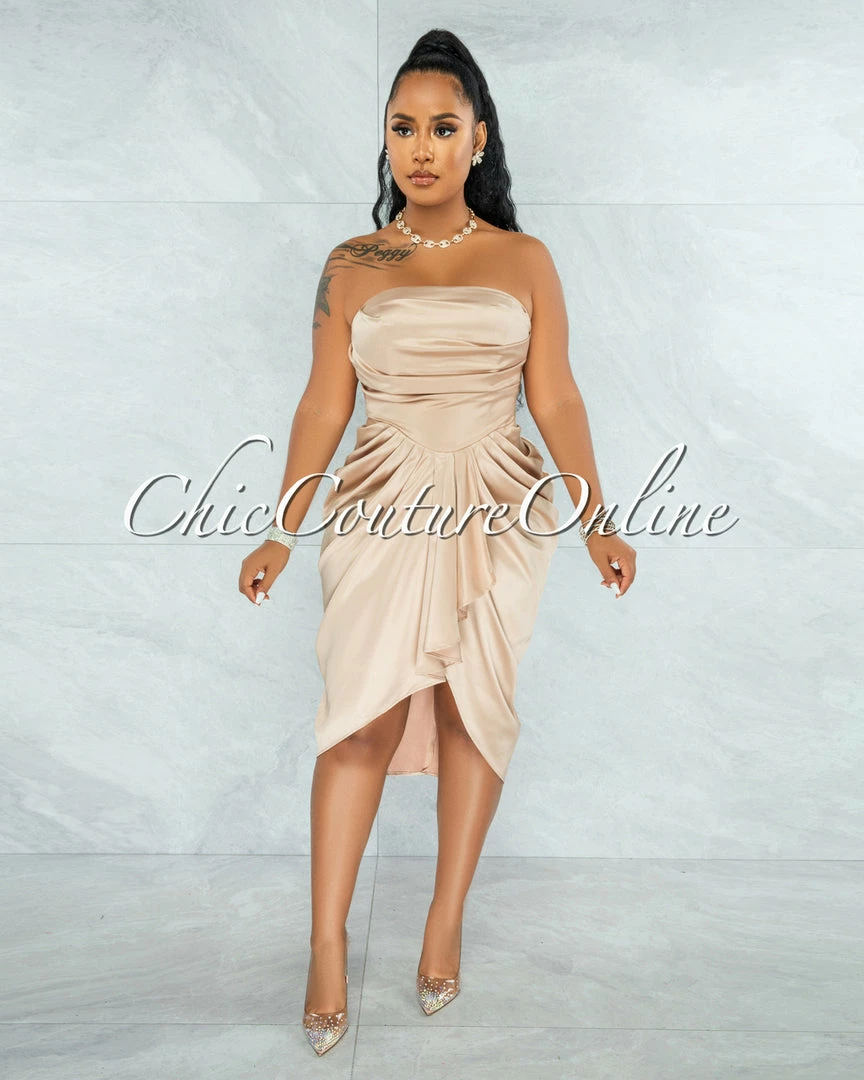 Chic Couture Online Esther Champagne Front Draped Hi-Lo Satin Midi Dress JUST IN