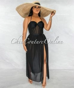 Vendor-unknown JUST IN Ladya Natural Black Oversized Brim Straw Floppy Hat