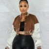 Vendor-unknown Matti Brown White Faux Leather Sleeves Varsity Crop Jacket