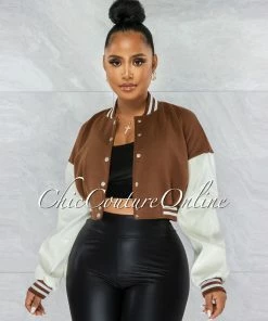 Vendor-unknown Matti Brown White Faux Leather Sleeves Varsity Crop Jacket