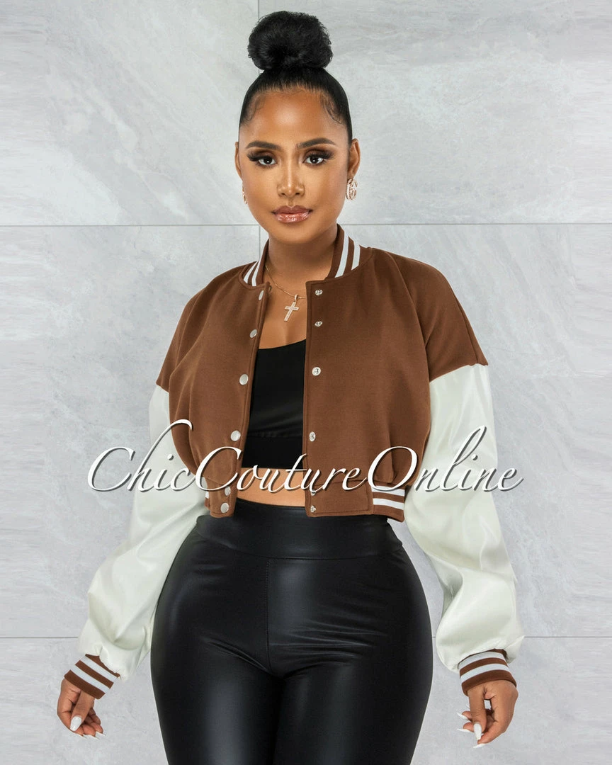 Vendor-unknown Matti Brown White Faux Leather Sleeves Varsity Crop Jacket