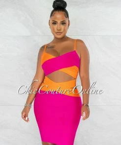 Chic Couture Online Marshae Fuchsia Orange Two-Tone Bandage Two Piece Set