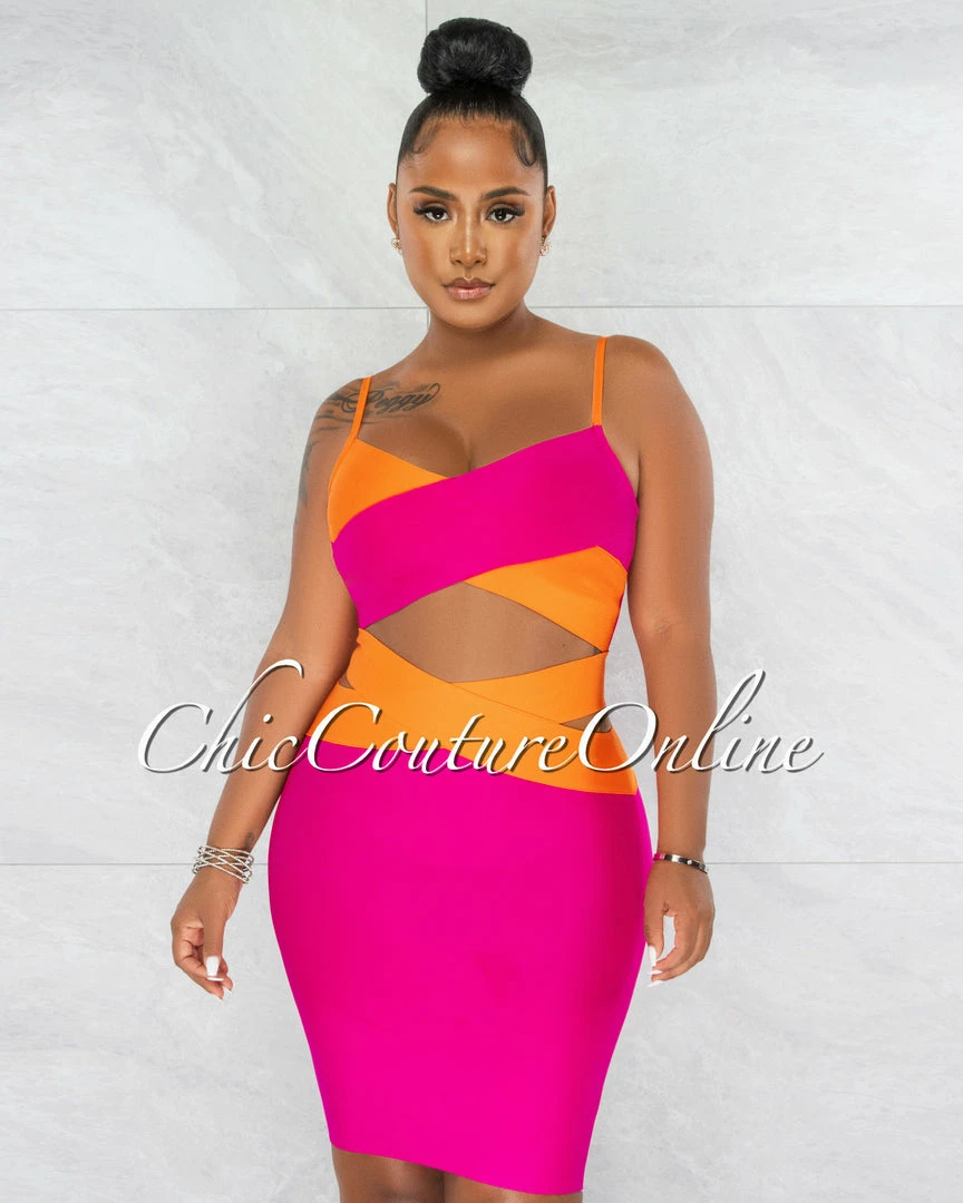 Chic Couture Online Marshae Fuchsia Orange Two-Tone Bandage Two Piece Set