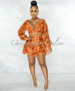 Chic Couture Online Cluny Orange Floral Print Crop Top & Ruffle Skirt Set JUST IN