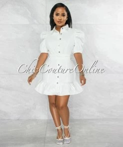 Vendor-unknown JUST IN Raven Off-White Denim Bubble Sleeves Ruffle Dress