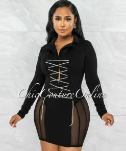 Vendor-unknown Ashira Black Rhinestones Lace-Up Mesh Accent Dress