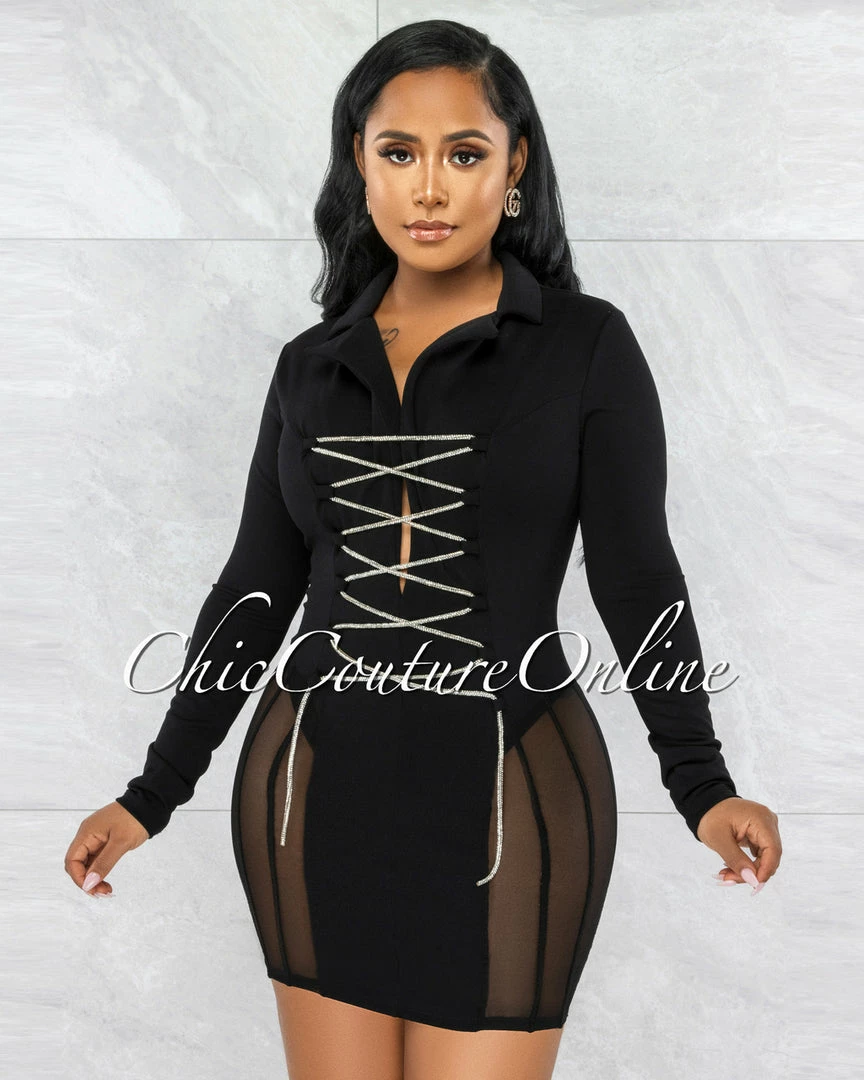 Vendor-unknown Ashira Black Rhinestones Lace-Up Mesh Accent Dress