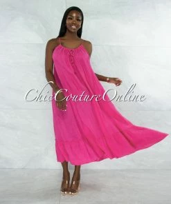 Vendor-unknown Nassar Fuchsia Braid Straps Ruffle Hem Maxi LINEN Dress
