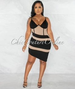 Vendor-unknown Griega Black Nude Mesh Accent Asymmetrical Hem Dress