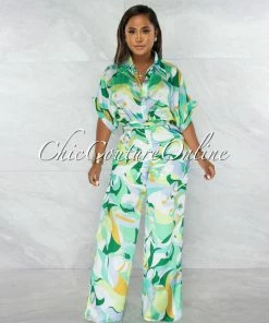 Chic Couture Online Tanysa Green Floral Print Waist Tie Silky Jumpsuit JUST IN