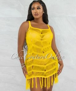 Vendor-unknown JUST IN Kelsie Yellow Crochet Fringe Cover-Up Dress