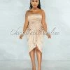 Chic Couture Online Esther Champagne Front Draped Hi-Lo Satin Midi Dress JUST IN