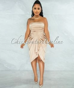Chic Couture Online Esther Champagne Front Draped Hi-Lo Satin Midi Dress JUST IN