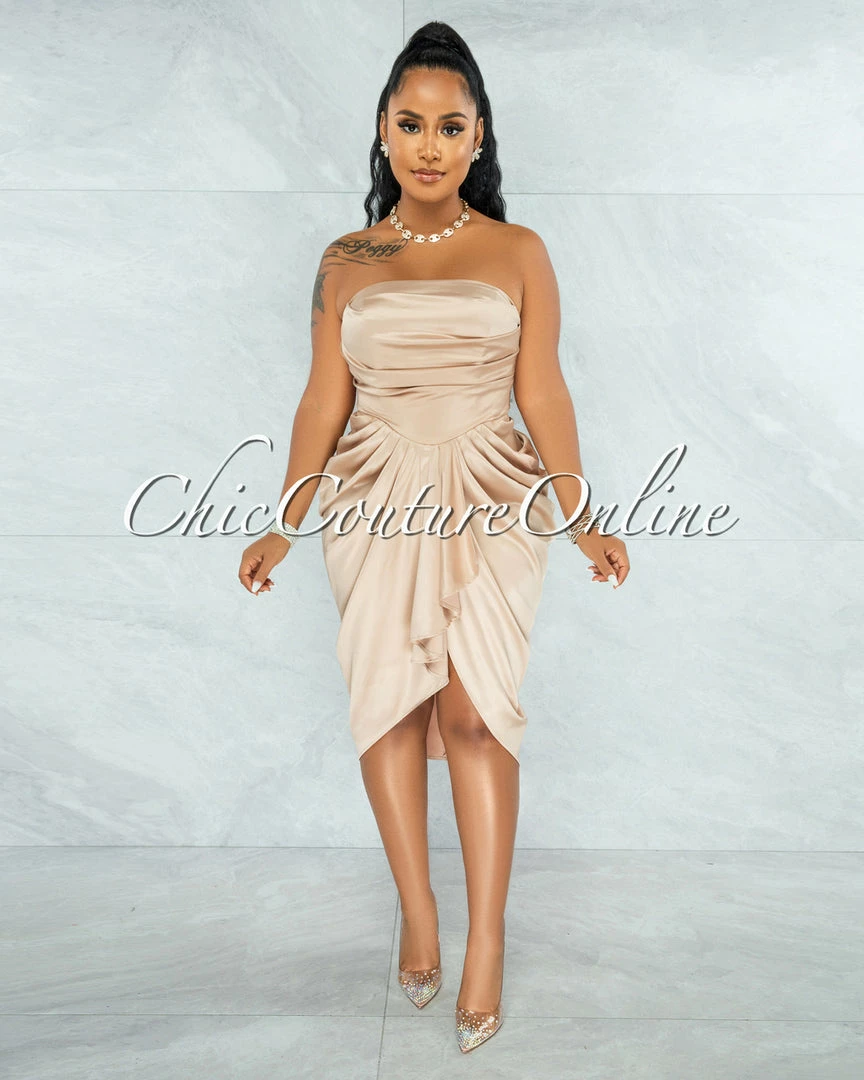 Chic Couture Online Esther Champagne Front Draped Hi-Lo Satin Midi Dress JUST IN