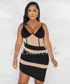 Vendor-unknown Griega Black Nude Mesh Accent Asymmetrical Hem Dress