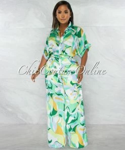 Chic Couture Online Tanysa Green Floral Print Waist Tie Silky Jumpsuit JUST IN