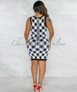 Chic Couture Online Elissa Black White Plaid Knit Dress