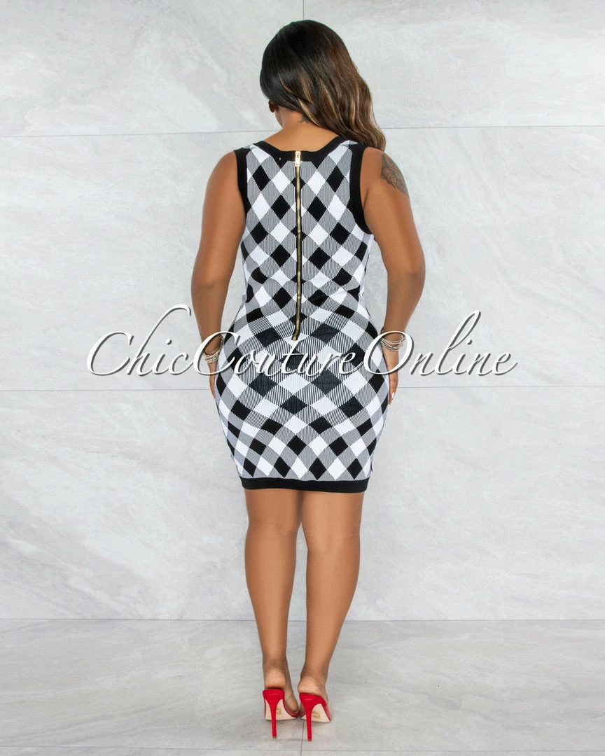 Chic Couture Online Elissa Black White Plaid Knit Dress