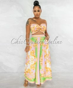 Vendor-unknown Ireta Green Lilac Gold Smocked Crop Top & Maxi Skirt Set