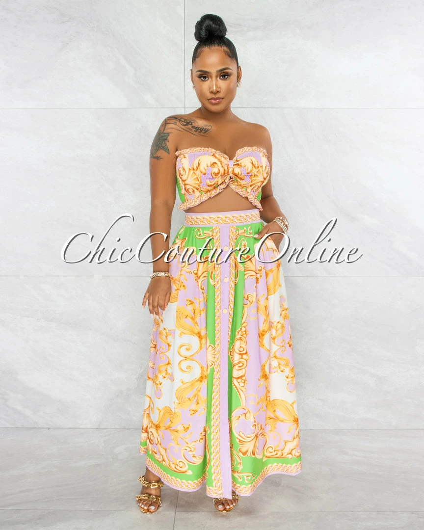 Vendor-unknown Ireta Green Lilac Gold Smocked Crop Top & Maxi Skirt Set