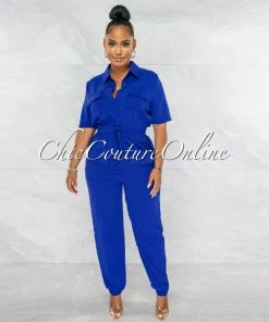 Chic Couture Online JUST IN Billie Royal Blue Cargo Pockets Utility Jumpsuit