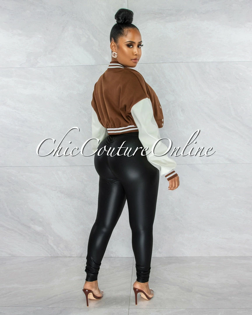 Vendor-unknown Matti Brown White Faux Leather Sleeves Varsity Crop Jacket