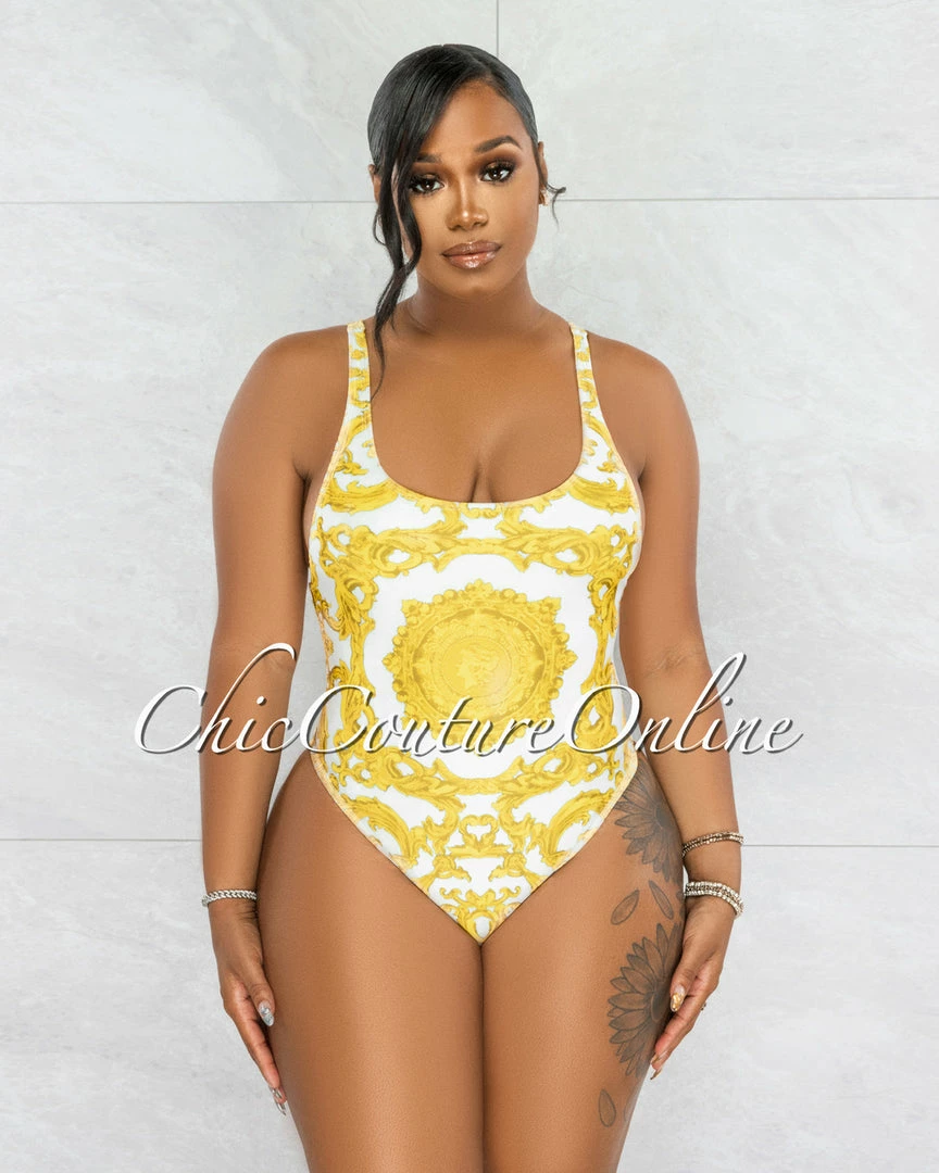 Vendor-unknown JUST IN Laurence White Gold Print Swimsuit & Cover-up Set
