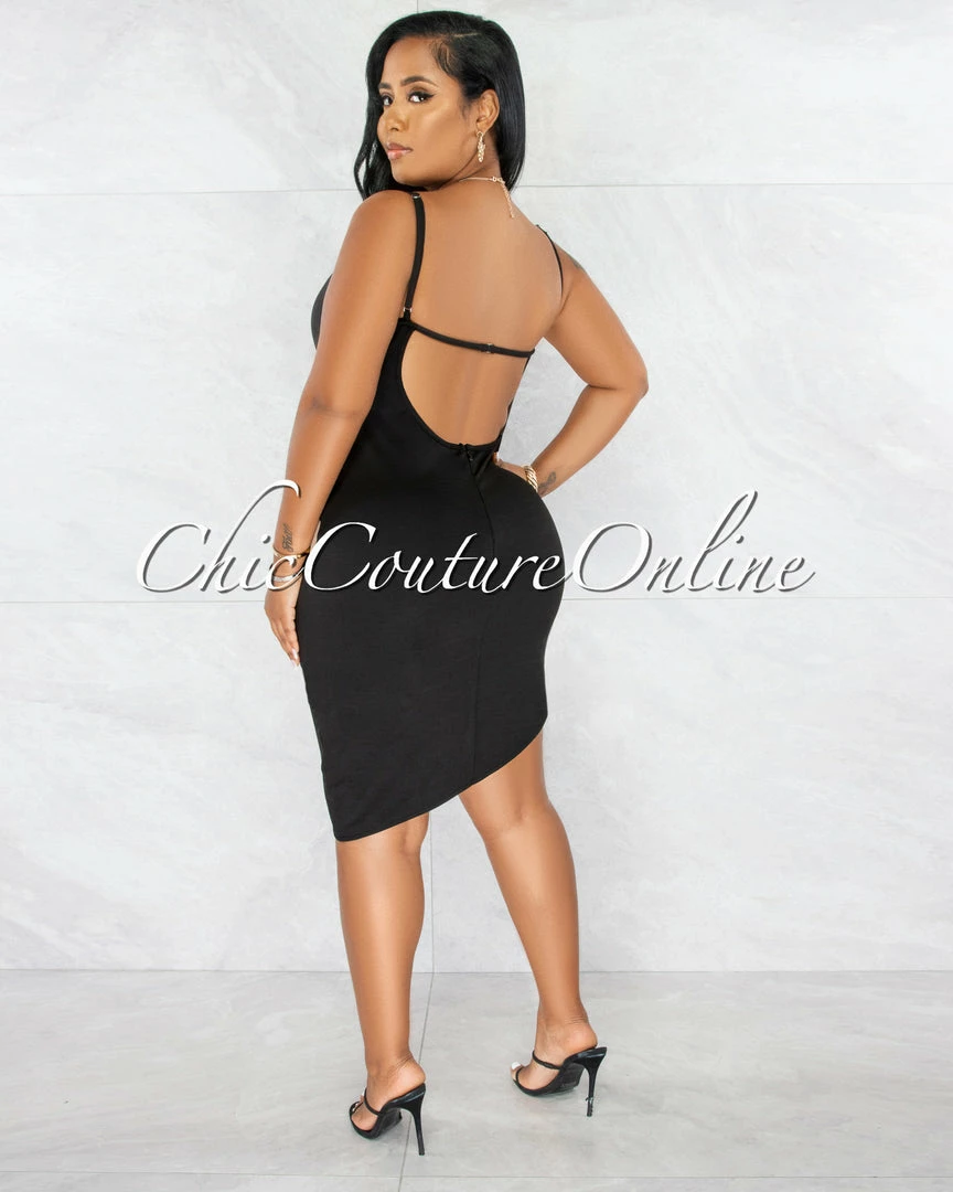 Vendor-unknown Griega Black Nude Mesh Accent Asymmetrical Hem Dress