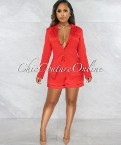 Vendor-unknown Ledora Red Double Trench Jacket & Shorts Set JUST IN