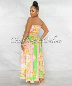 Vendor-unknown Ireta Green Lilac Gold Smocked Crop Top & Maxi Skirt Set