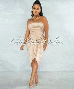 Chic Couture Online Esther Champagne Front Draped Hi-Lo Satin Midi Dress JUST IN