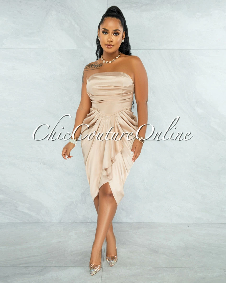 Chic Couture Online Esther Champagne Front Draped Hi-Lo Satin Midi Dress JUST IN