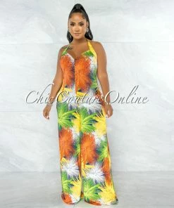 Chic Couture Online JUST IN Karida Multi-Color Print Halter Wide Legs Jumpsuit