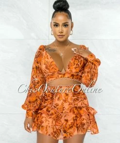 Chic Couture Online Cluny Orange Floral Print Crop Top & Ruffle Skirt Set JUST IN
