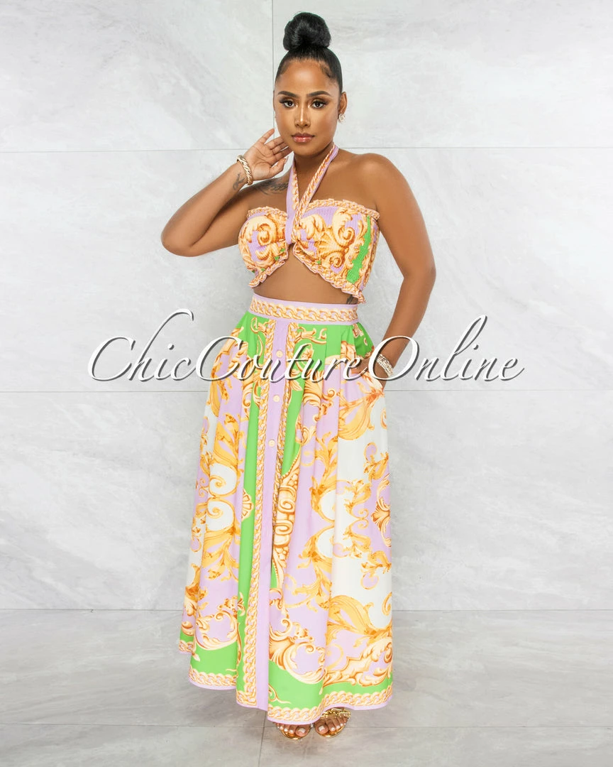 Vendor-unknown Ireta Green Lilac Gold Smocked Crop Top & Maxi Skirt Set