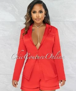 Vendor-unknown Ledora Red Double Trench Jacket & Shorts Set JUST IN